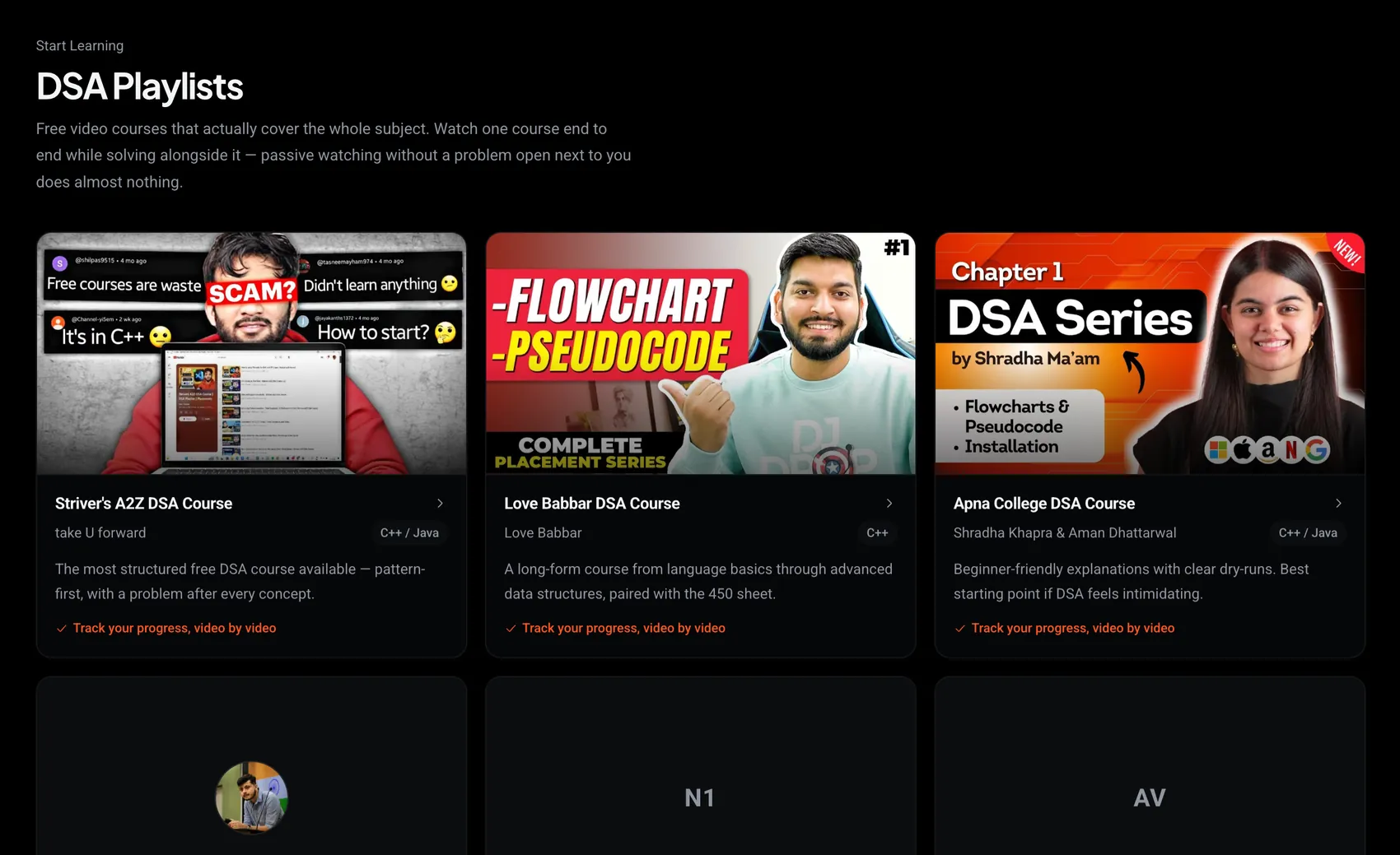 The DSA Playlists page in crackalgo