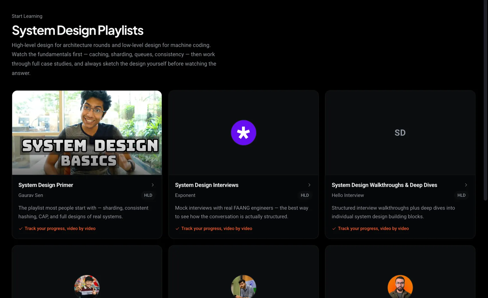 The System Design Playlists page with curated HLD and LLD courses